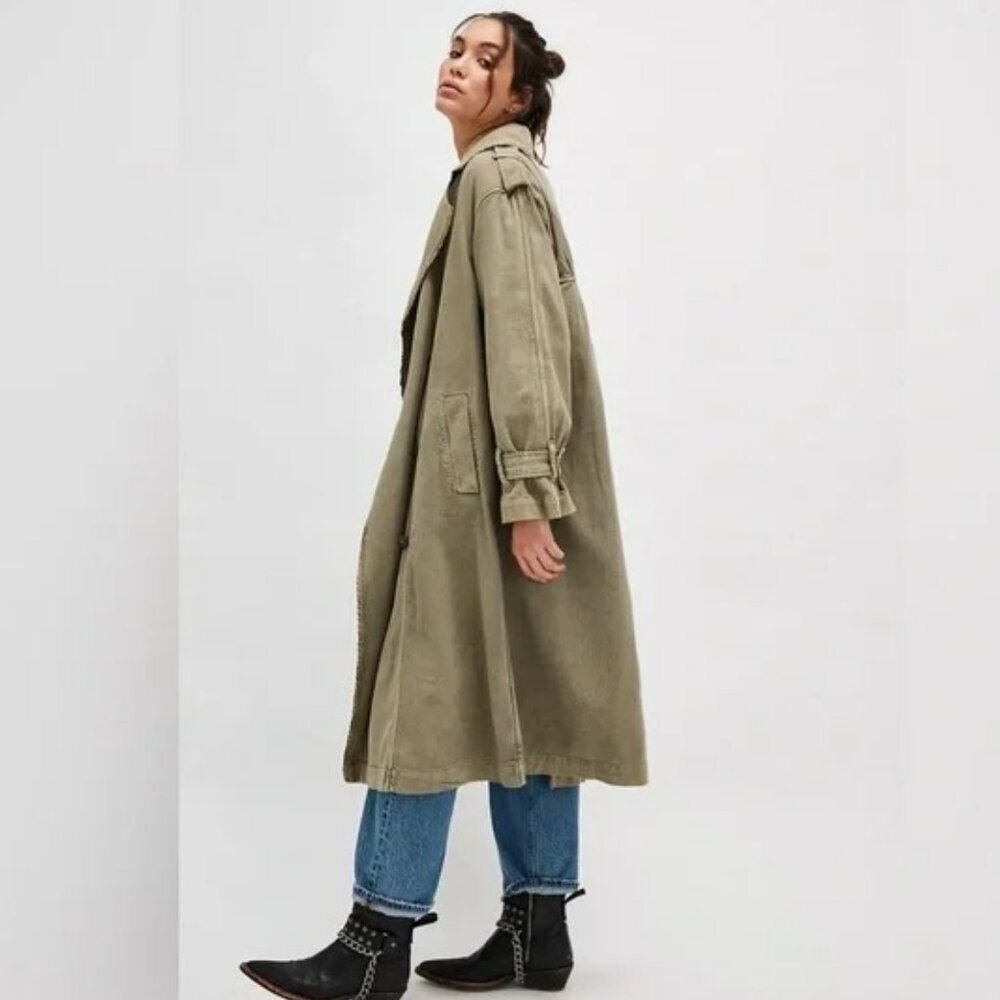 Free People Olive Trench Coat with Epaulets